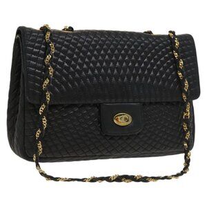 Authentic BALLY Chain Shoulder Bag Leather Black Gold